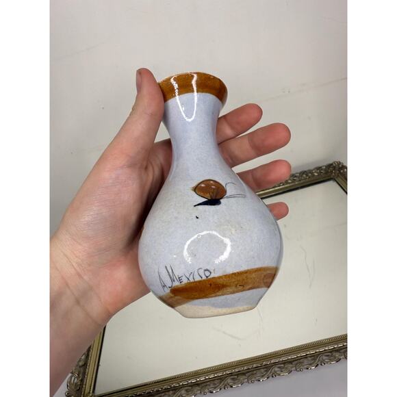 Vintage Tonala Bud Vase Mexico Folk Art Pottery Flowers White Brown - Picture 6 of 10